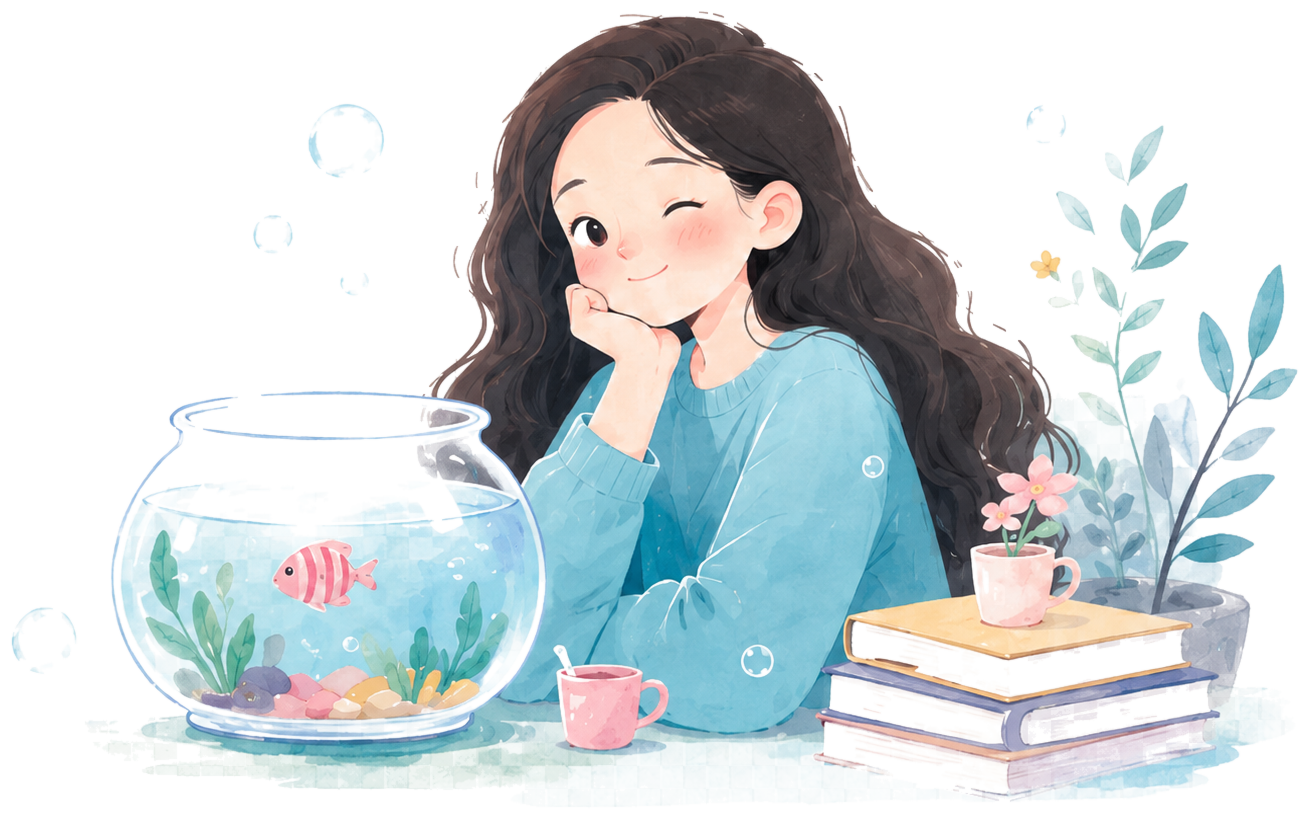 水彩女孩与鱼缸